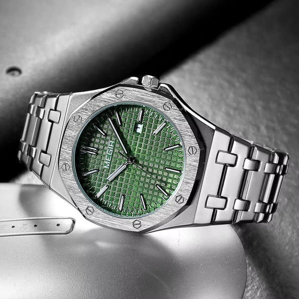 Men Silver-tone Green Dial Dress Watch Fashion Business Steel Band Quartz Wristwatch