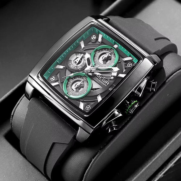 Black Silicone Strap Quartz Watch for Men Rectangle Dial Waterproof Chronograph Sport Wristwatch