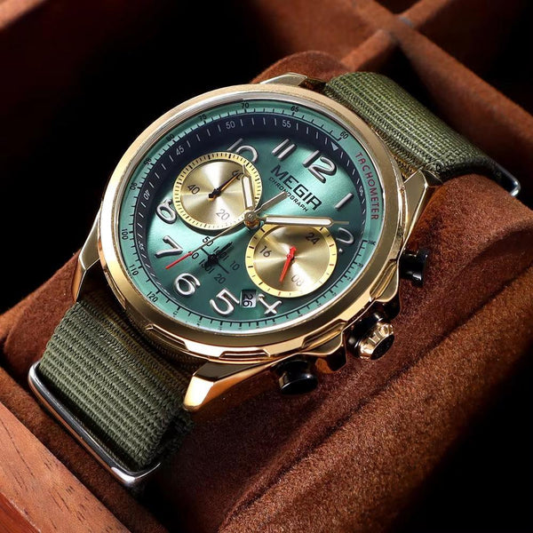 Fashion Canvas strap Sport Quartz Watch Olive Green Waterproof Luminous Chronograph Wristwatch