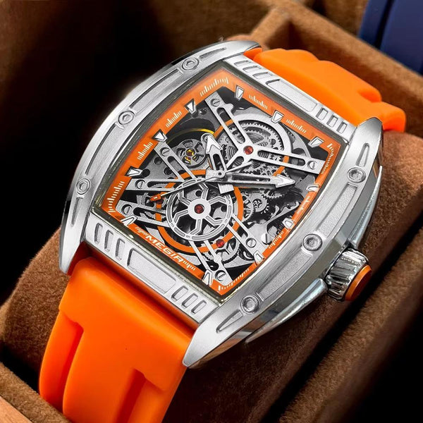 Fashion Orange Automatic Watches for Men Military Sport Waterproof Tonneau Dial Mechanical Wristwatch