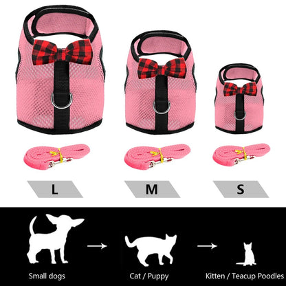 Breathable Small Cat Dog Harness Vest Adjustable Bowtie Nylon Mesh Puppy Kitten Harness Leash Set