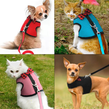 Breathable Small Cat Dog Harness Vest Adjustable Bowtie Nylon Mesh Puppy Kitten Harness Leash Set