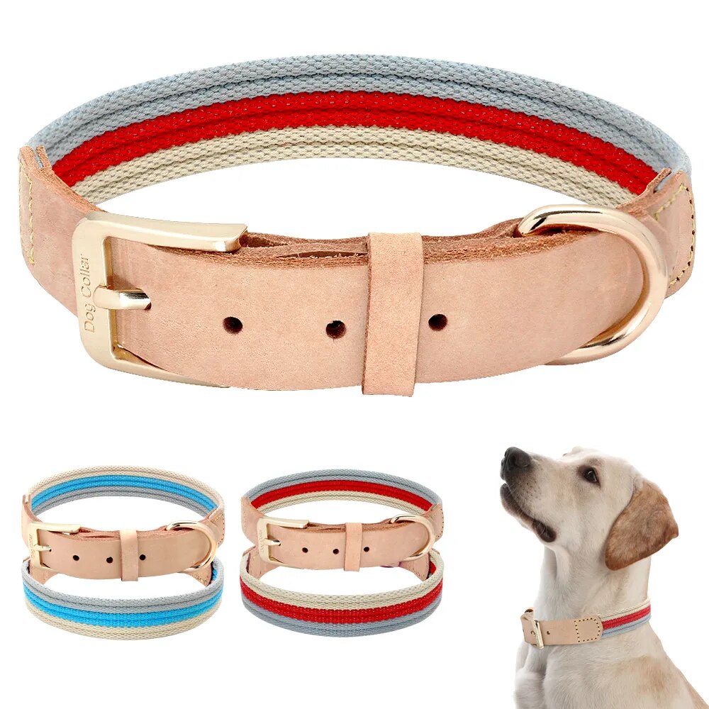 Soft Leather Dog Collar Polyester Fabric Webbing Pet Collar For Medium Large Dogs
