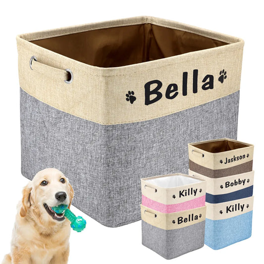 Custom Pet Toy Storage Basket Dog Foldable Canvas Box Bins Free Print Dogs Cats Name