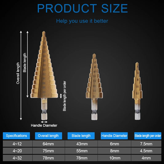 Hss Titanium Step Drill Bit 3-12/4-12/4-20/4-22/4-32 mm Step Cone Cutting Tools