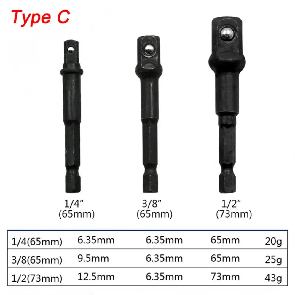 1/4 3/8 1/2 Inch Drill Socket Adapter Set Hex Shank  Square Socket Drill Bit Bar