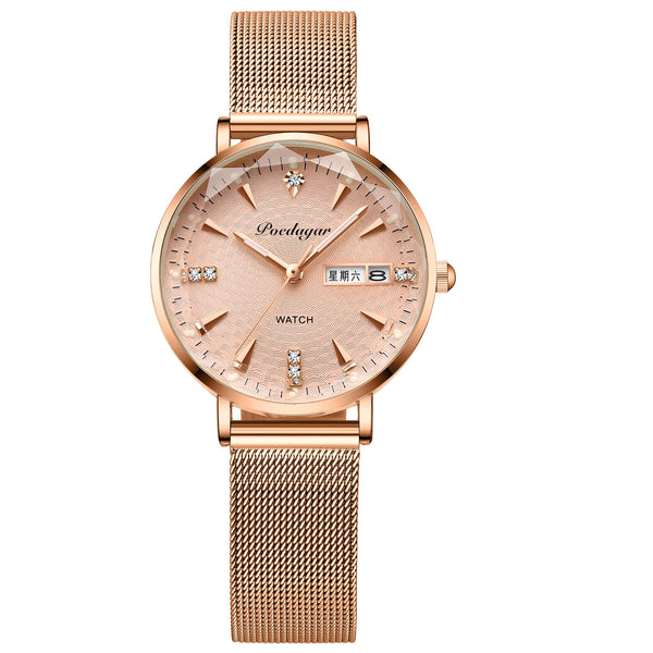 Reloj de malla de acero inoxidable con diamantes de imitación sencillos y oro rosa para mujer.