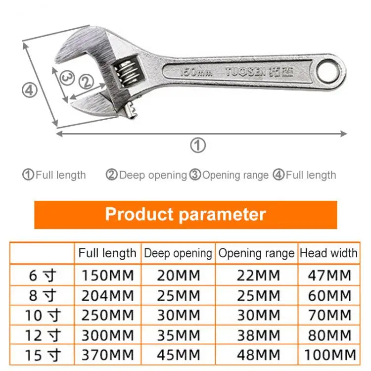 Adjustable Wrench 6" 8" 10" 12" 15" Enlarge Open Monkey Wrench
