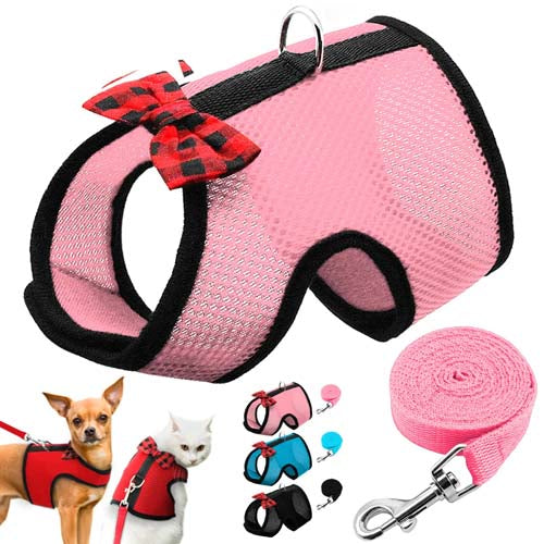Breathable Small Cat Dog Harness Vest Adjustable Bowtie Nylon Mesh Puppy Kitten Harness Leash Set