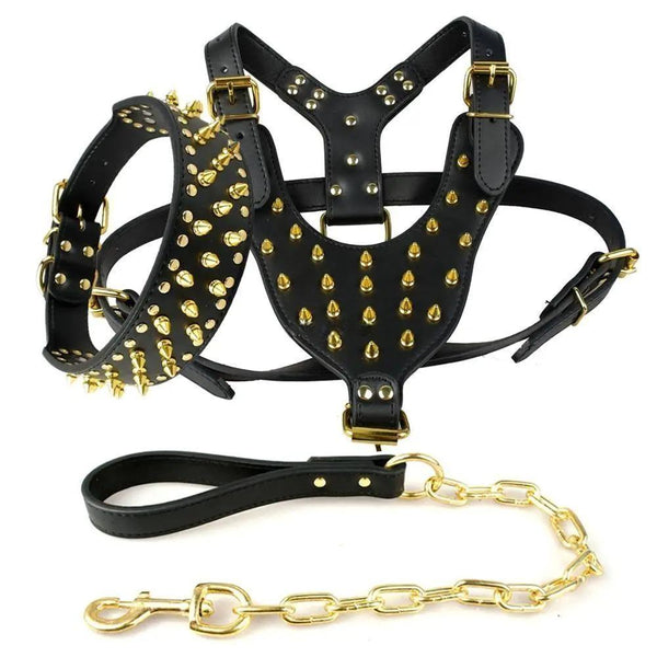Cool Spiked Studded Leather Dog Harness Rivets Collar and Leash Set