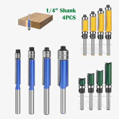 4pcs 1/4inch Shank Carbide Alloy Trim Router Bits for Wood Working with Bearings