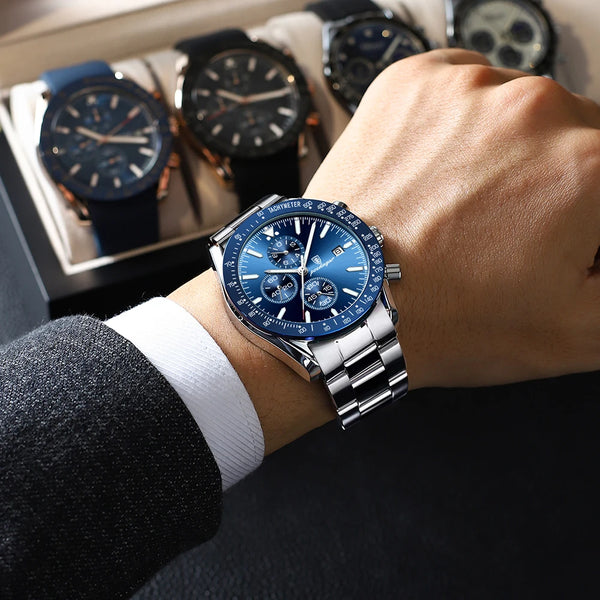 Fashion Chronograph Waterproof Luminous Date Stainless Steel Quartz Watch Man Clock