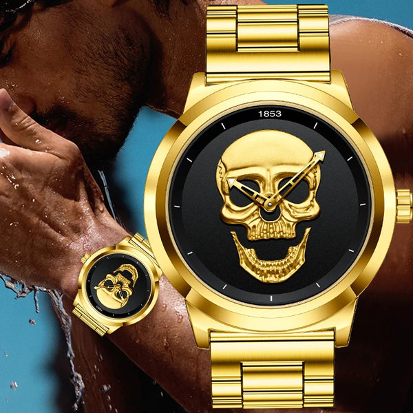 Relojes deportivos de lujo para hombre, de acero inoxidable, con calavera negra y dorada, resistentes al agua.
