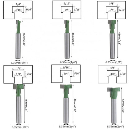 6pcs/set Keyhole Router Bits Set 1/4Inch Shank T Track Slotting Milling Cutters Set