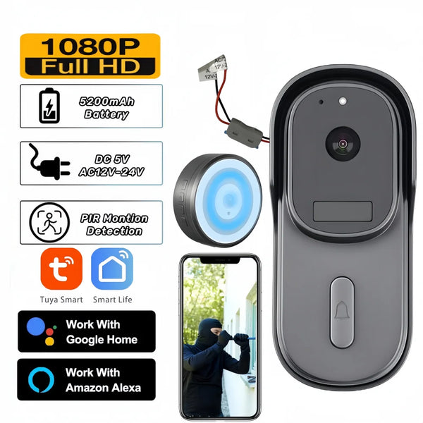Wireless Wifi Wired AC DC 5V-24V Powered 5200 Battery 1080P Outdoor Door Bell Camera
