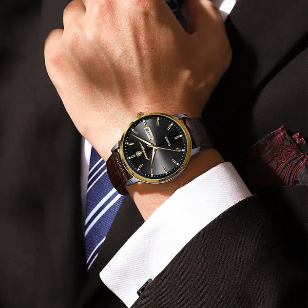 Fashion Leather Waterproof Luminous Week Date Luxury Men's Wristwatch Gift