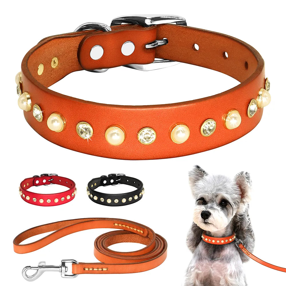 Genuine Leather Small Medium Dog Cat Collar Adjustable Rhinestone  Pet Puppy Collars