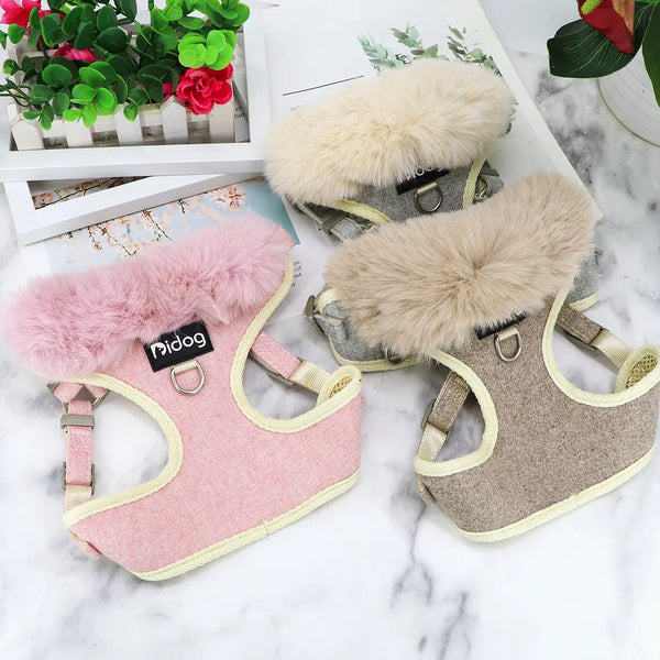 Warm Dog Cat Harness Leash Set Soft Fur Collar Adjustable Pet Vest Harnesse
