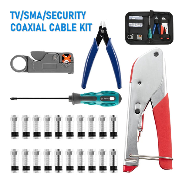 Coaxial Cable Crimping Pliers Set RG6 Wire Stripper Crimper Tool Kit