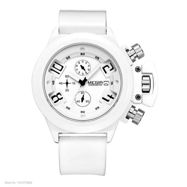 Military Sport Watches Men White Silicone Strap Chronograph Quartz Wristwatch