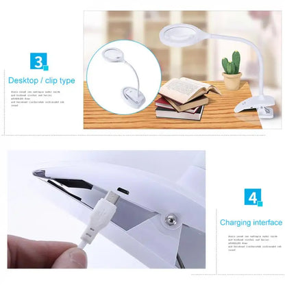 10X Adjustable Chargeable Desktop Clip Magnifier with Three speed LED Lights