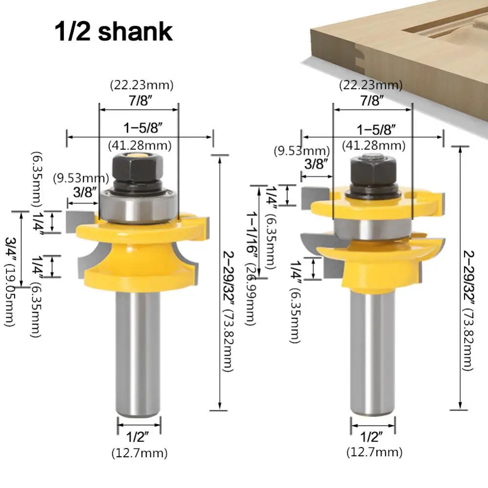 2pcs/set 1/2inch Shank Carbide Tongue and Groove Router Bits