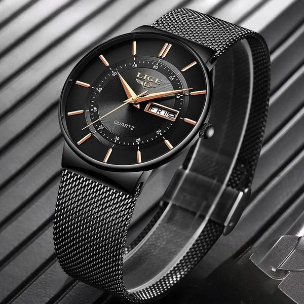 Relojes de lujo para hombre, reloj ultrafino resistente al agua con fecha, correa de acero, reloj de cuarzo informal para hombre