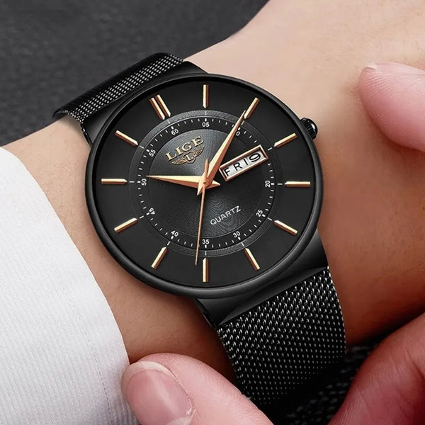 Relojes de lujo para hombre, reloj ultrafino resistente al agua con fecha y correa de acero.