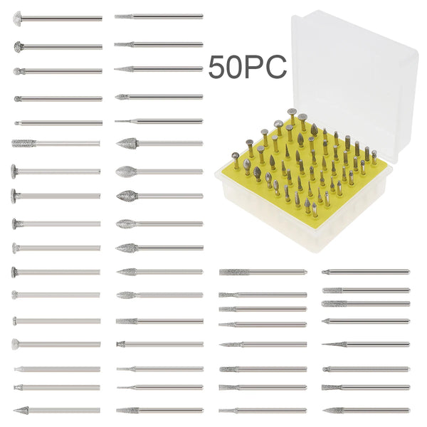 50pcs Diamond Coated Grinding Grinder Head Glass Burr with Plastic Box