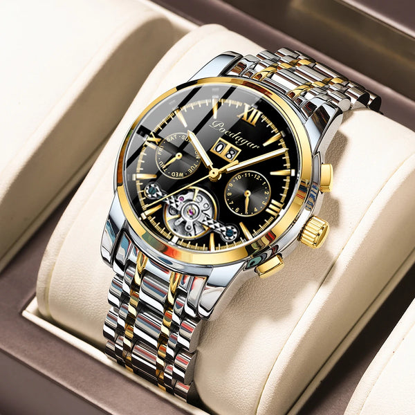Reloj de pulsera mecánico automático para hombre, con tourbillon hueco, de acero inoxidable.