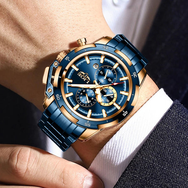 Reloj de cuarzo de lujo, totalmente de acero, resistente al agua, para hombre, informal, deportivo, militar, cronógrafo