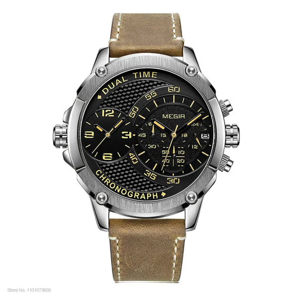Men's Double Time Zone Chronograph Quartz Watches Waterproof Luminous Leather Band Army Sports Wristwatch