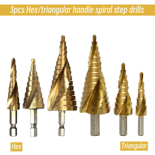3pcs 4-12/20/32mm Metric Spiral Flute Step HSS Steel Hexagonal Shank /Triangle Shank Drill Bits Tool Set