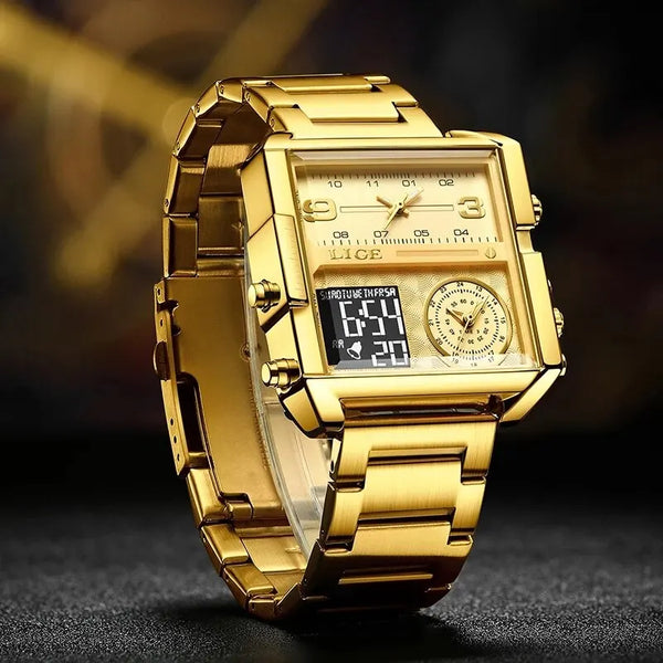 Reloj de pulsera deportivo de lujo original para hombre, de acero, de cuarzo dorado, resistente al agua, con doble pantalla.