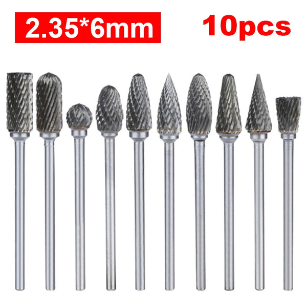 10PCS 2.35x6mm 45-50mm Carbide Rotary File Tungsten Coarse Toothed Double Cut with Plastic Box
