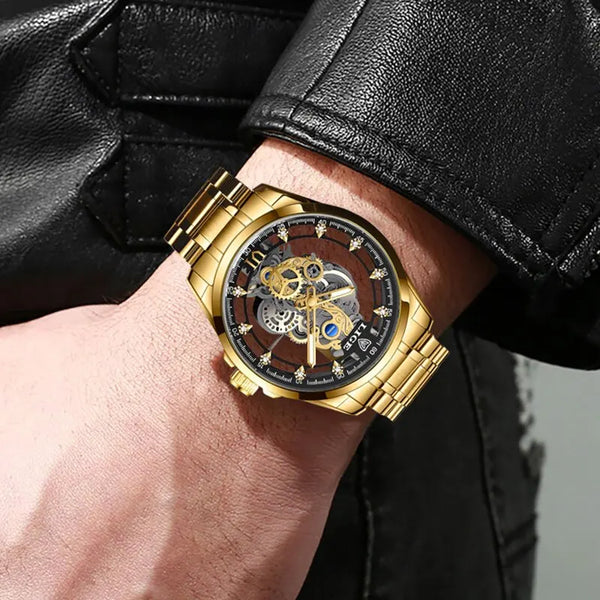 Nuevo reloj de pulsera de cuarzo con esqueleto para hombre, reloj retro dorado con esqueleto para hombre.