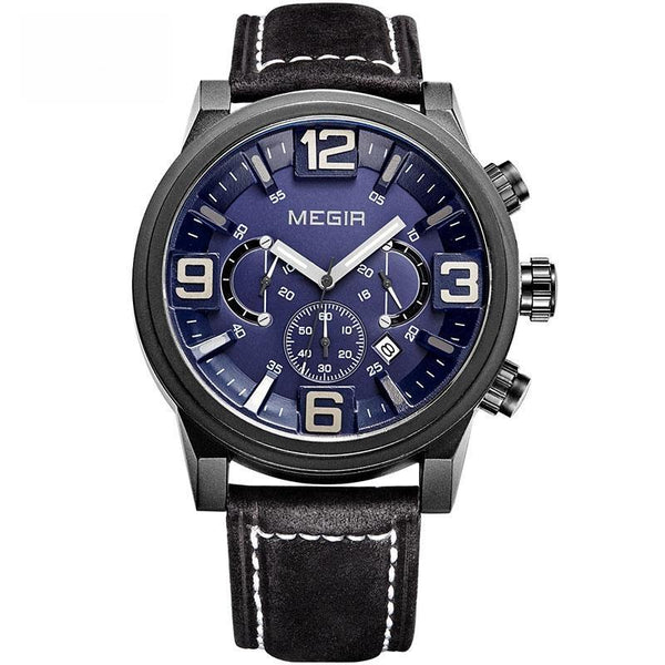 Fashion casual quartz watch men large dial waterproof chronograph releather wrist watch