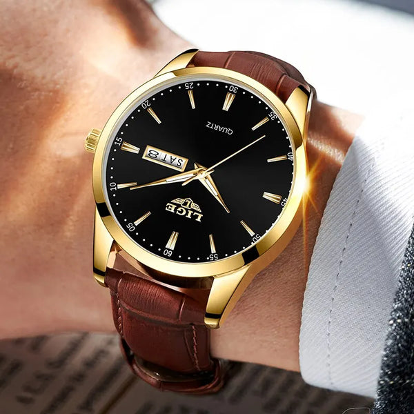 Reloj de pulsera informal de negocios para hombre con correa de cuero resistente al agua