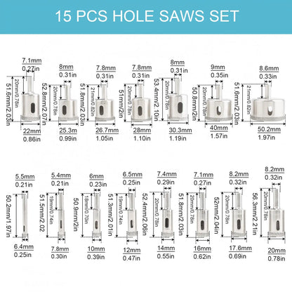 17pcs/set Diamond Hole Saw Set 4mm-83mm Hollow Drill Hole Saw Set Tile Drill Bits Set