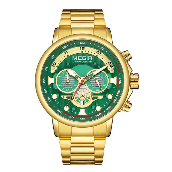 Gold Green Quartz Watch for Men Fashion Stainless Steel Chronograph Luminous Wristwatch