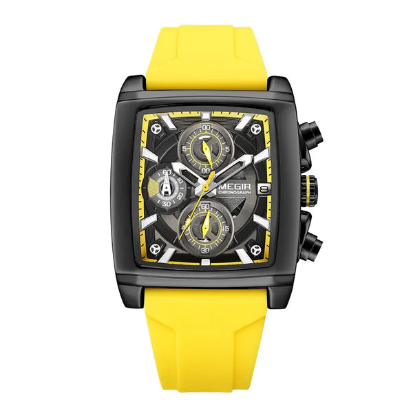 Military Sport Yellow Watch for Men Fashion Rectangle Chronograph Quartz Wristwatch