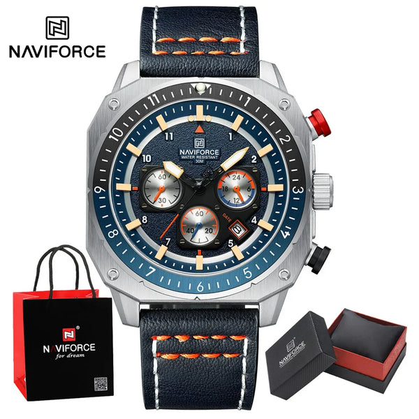Men's Fashion Watch Square Dial Leather Strap Waterproof Quartz Chronograph Wristwatches