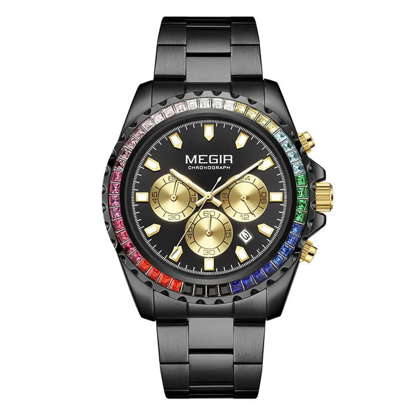 Black Watches for Men Fashion Analog Chronograph Quartz Wristwatch