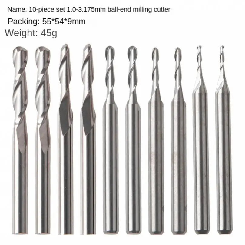 10pcs Spiral Burr Free Milling Cutters for Wood Aluminium, Carbide Ball Nose End Router Bits