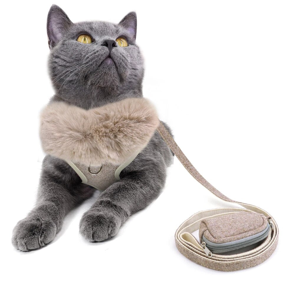 Warm Dog Cat Harness Leash Set Soft Fur Collar Adjustable Pet Vest Harnesse