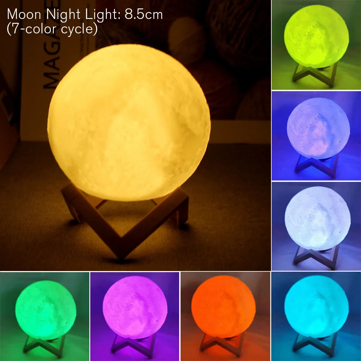 8cm Moon Lamp LED Night Light Battery Powered With Stand Starry Lamp